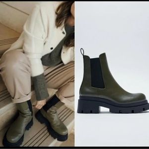 Zara olive green Vegan leather lugged combat boots size 36